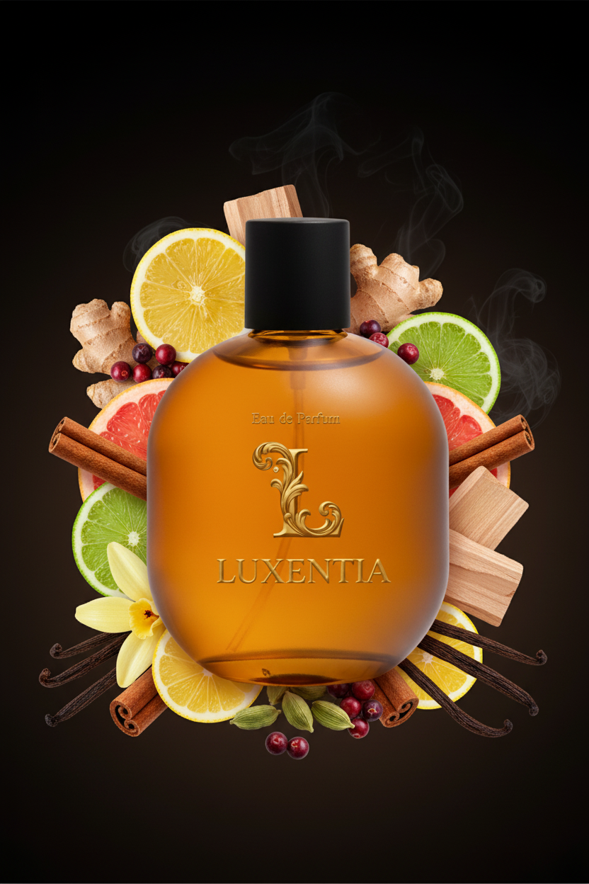 Luxentia Amber Oil Bottle Fresh Spiced Woody Aromatic Premium Ad