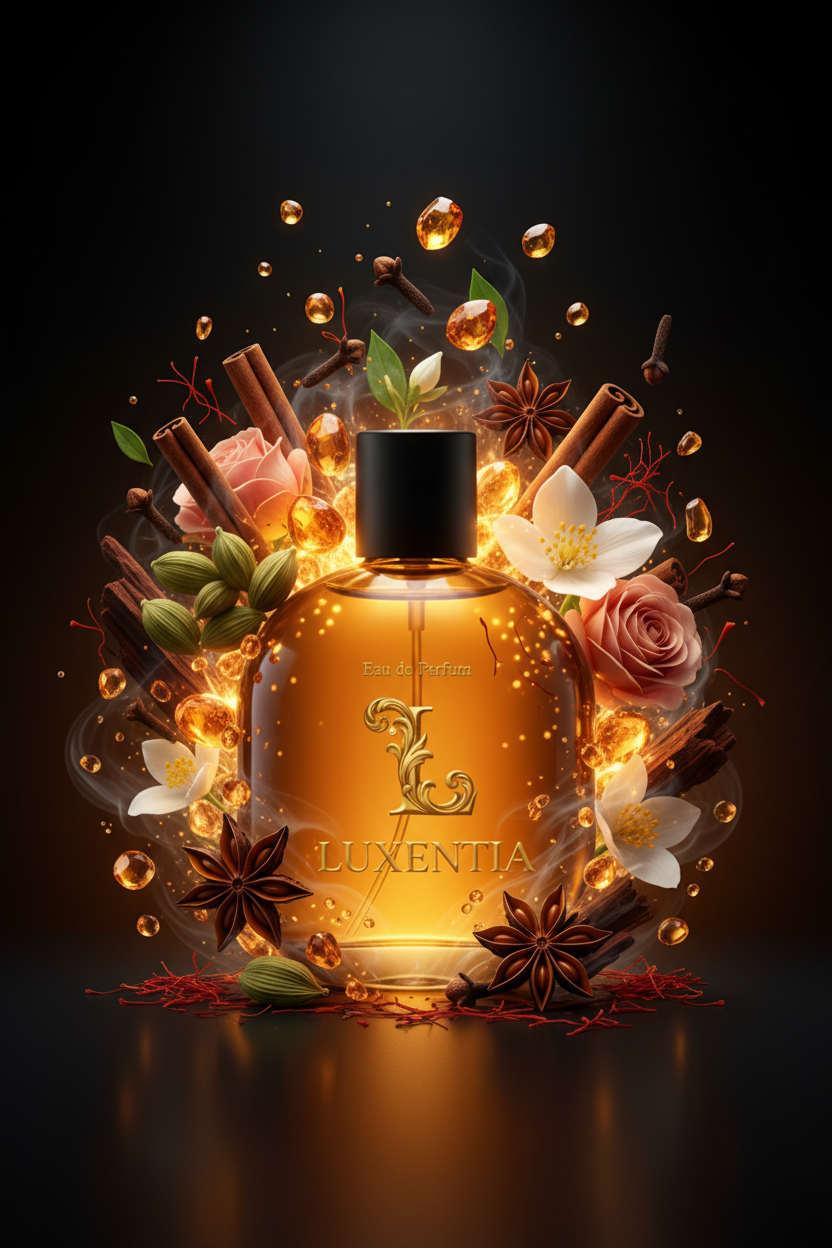 Luxentia Amber Oil Bottle Warm Exotic Spiced Amber Floral Premium Ad