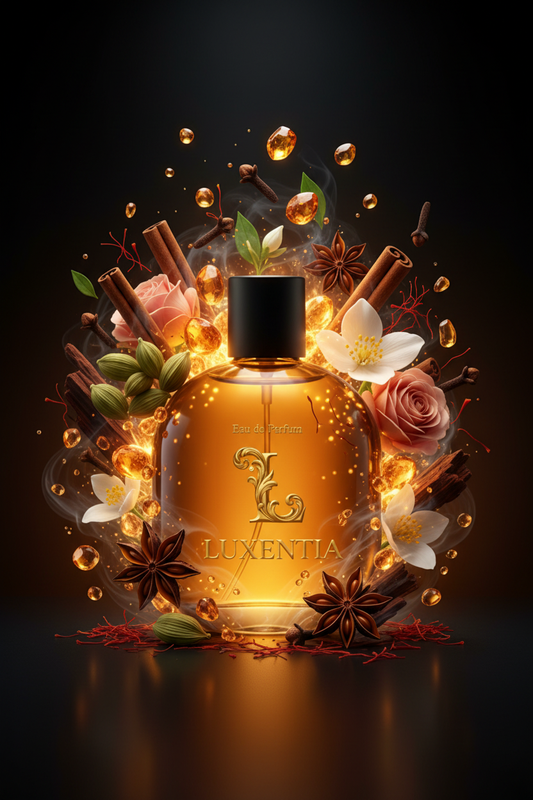 Luxentia Amber Oil Bottle Warm Exotic Spiced Amber Floral Premium Ad