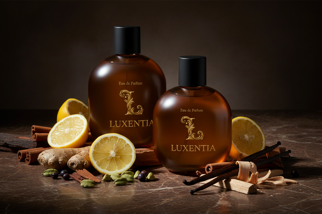 Luxentia Amber Oil Bottles Fresh Spiced Woody Aromatic Premium Ad