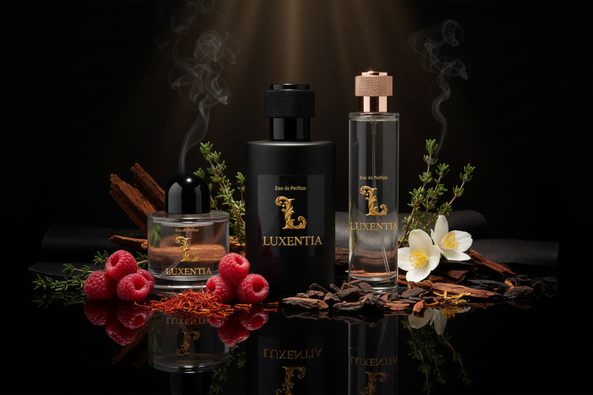 Luxentia Raspberry Saffron Frankincense Night Jasmine Black Suede Leather 100ml